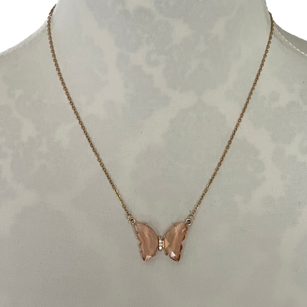 Peach Crystal Butterfly Pendant Necklace Gold Tone Chain | Fairycore